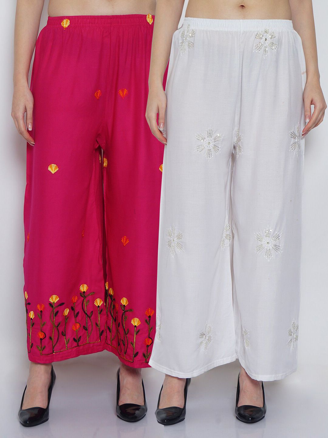 GRACIT Women White & Fuchsia Pink 2 Ethnic Motifs Embroidered Flared Knitted Palazzos Price in India