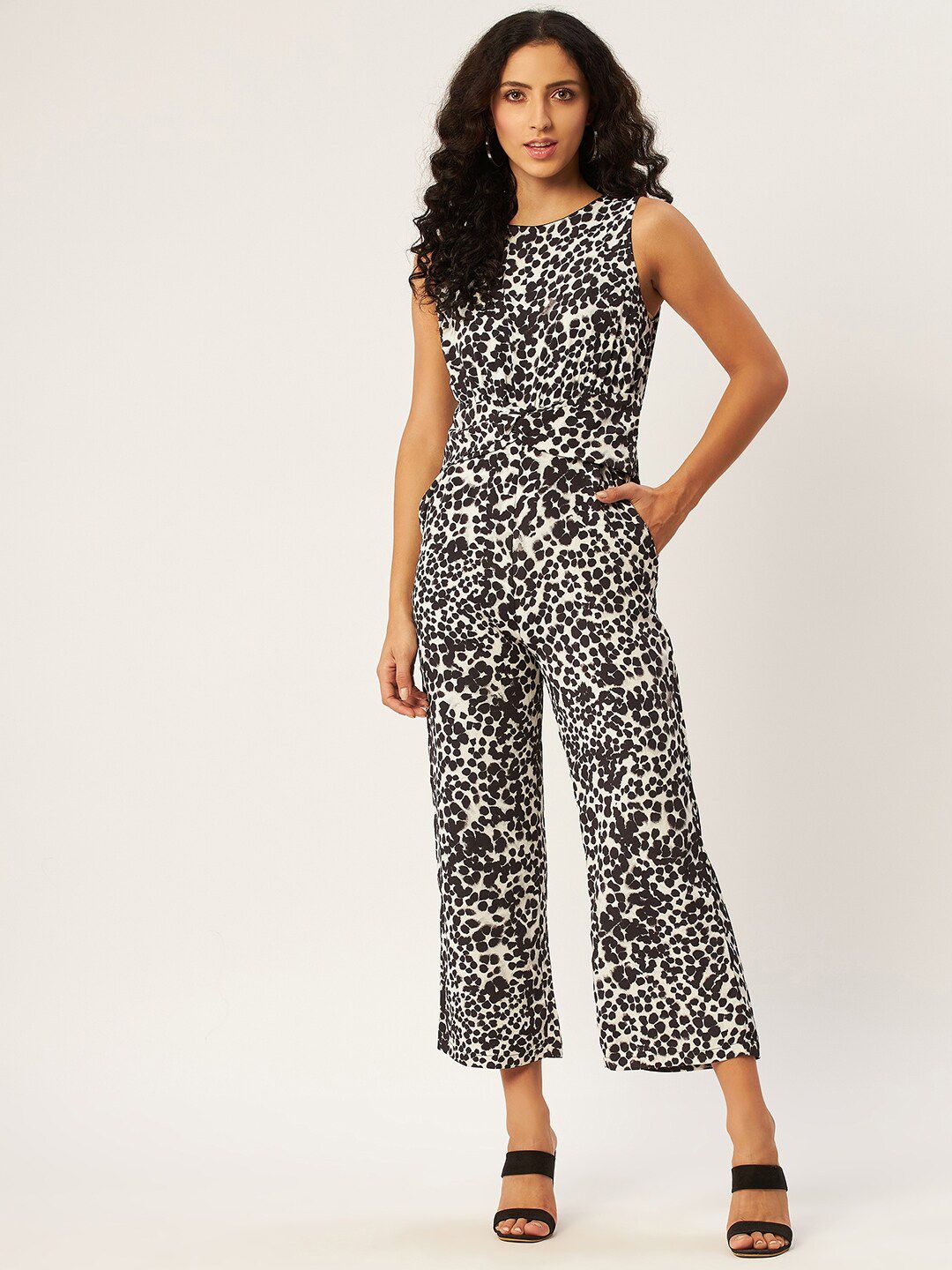 ANVI Be Yourself Black & Off White Animal Printed Basic Jumpsuit Price in India