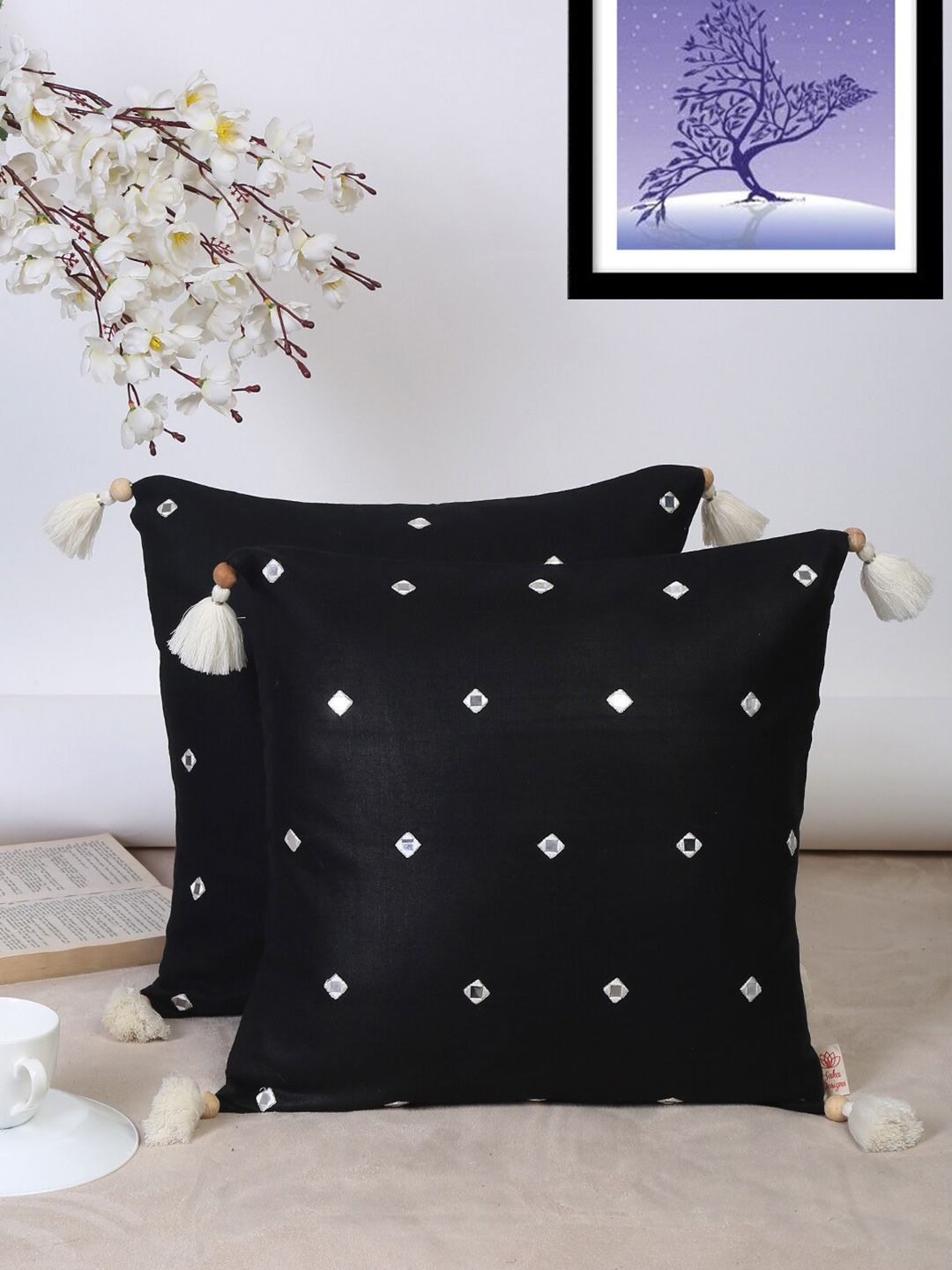 SAKA DESIGNS Black & White Set of 2 Embroidered Square Cushion Covers Price in India