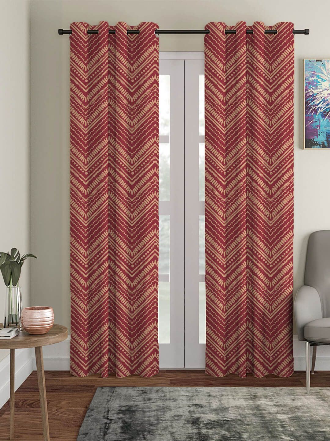 HOUZZCODE Maroon & Beige Geometric Room Darkening Long Door Curtain Price in India