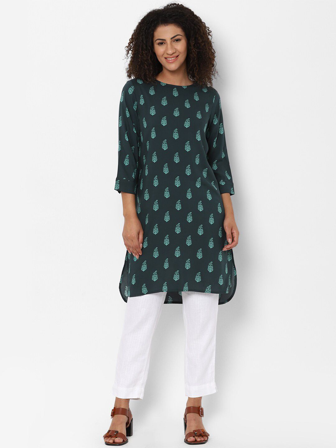 Allen Solly Woman Ethnic Motifs Print Green Tunic Price in India