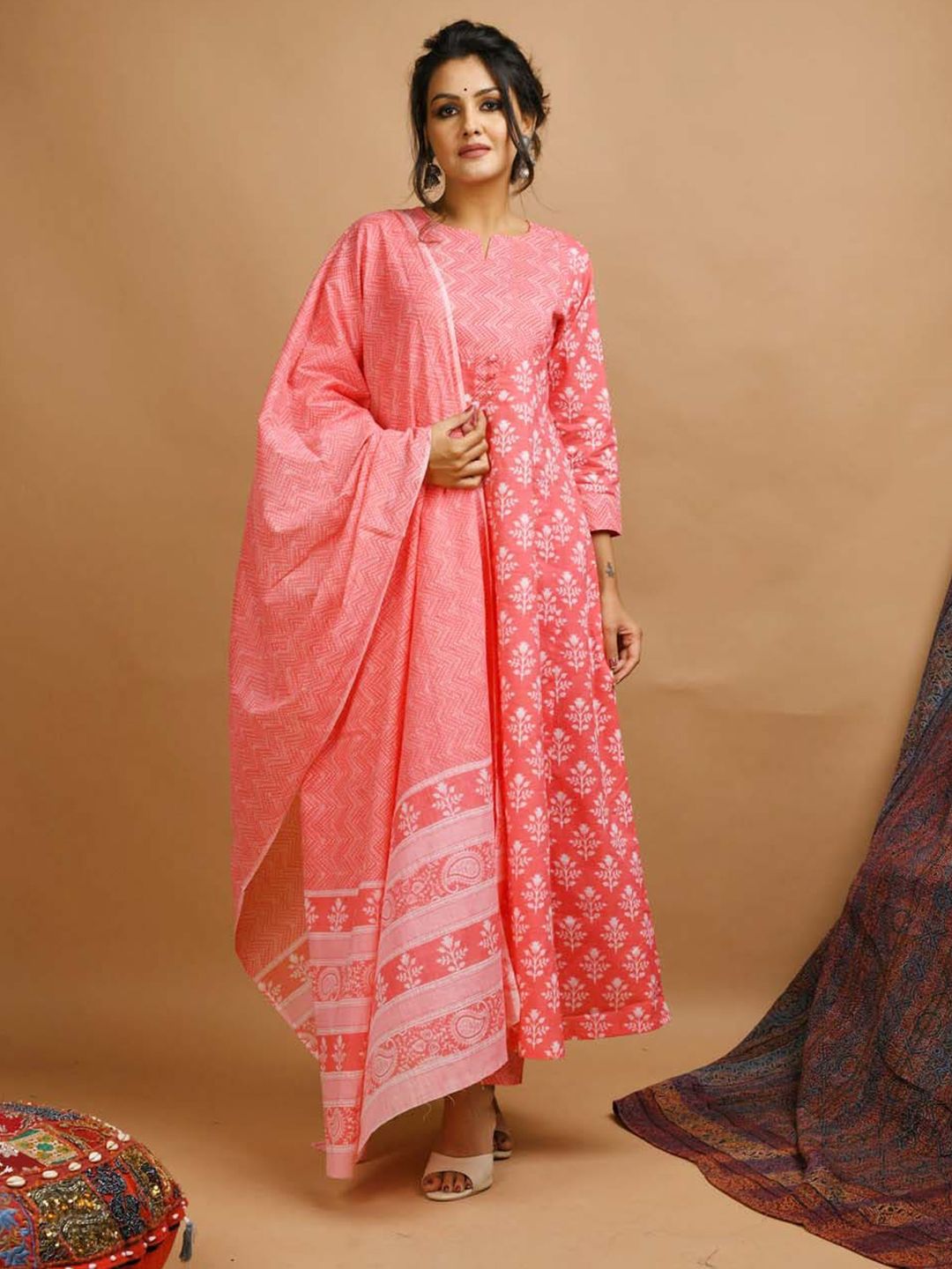 KAAJH Women Pink Ethnic Motifs Printed Empire Pure Cotton Kurta with Trousers & With Dupatta Price in India