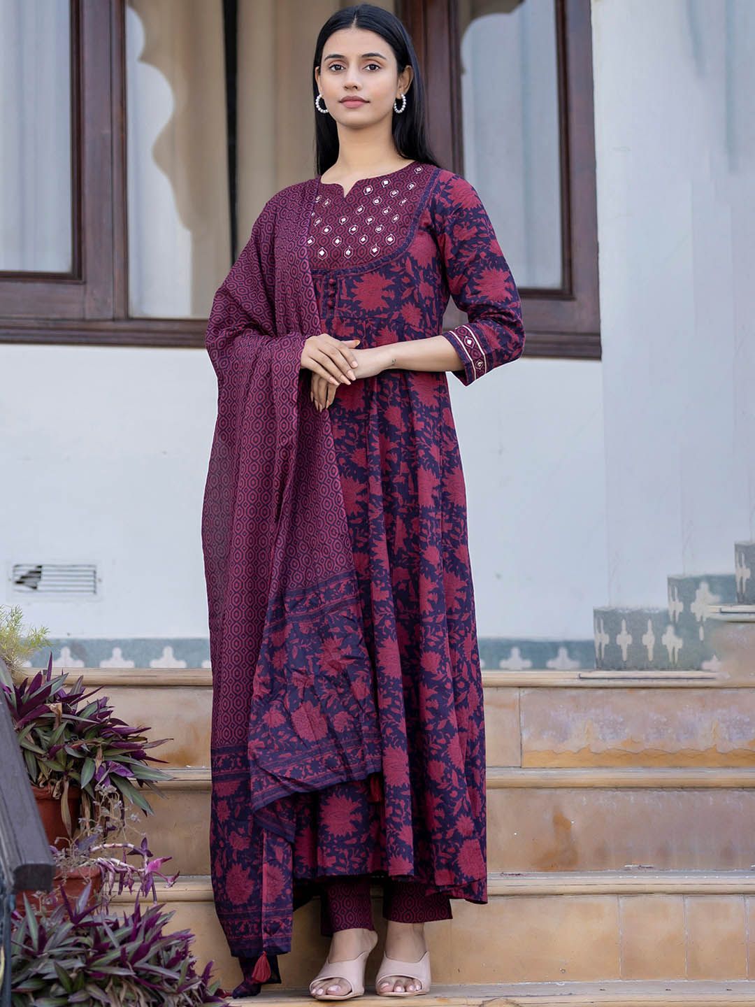 KAAJH Women Purple Floral Printed Anarkali Pure Cotton Kurta with Trousers & With Dupatta Price in India