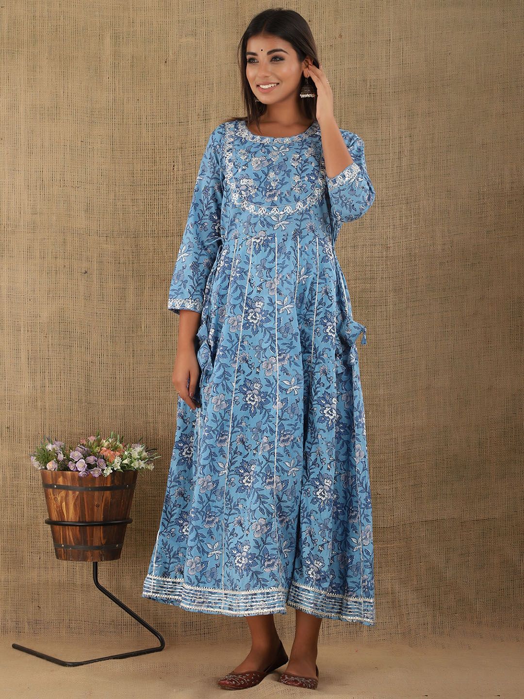 KAAJH Blue & White Floral Screen Print Ethnic Pure Cotton Fit & Flare Midi Dress Price in India