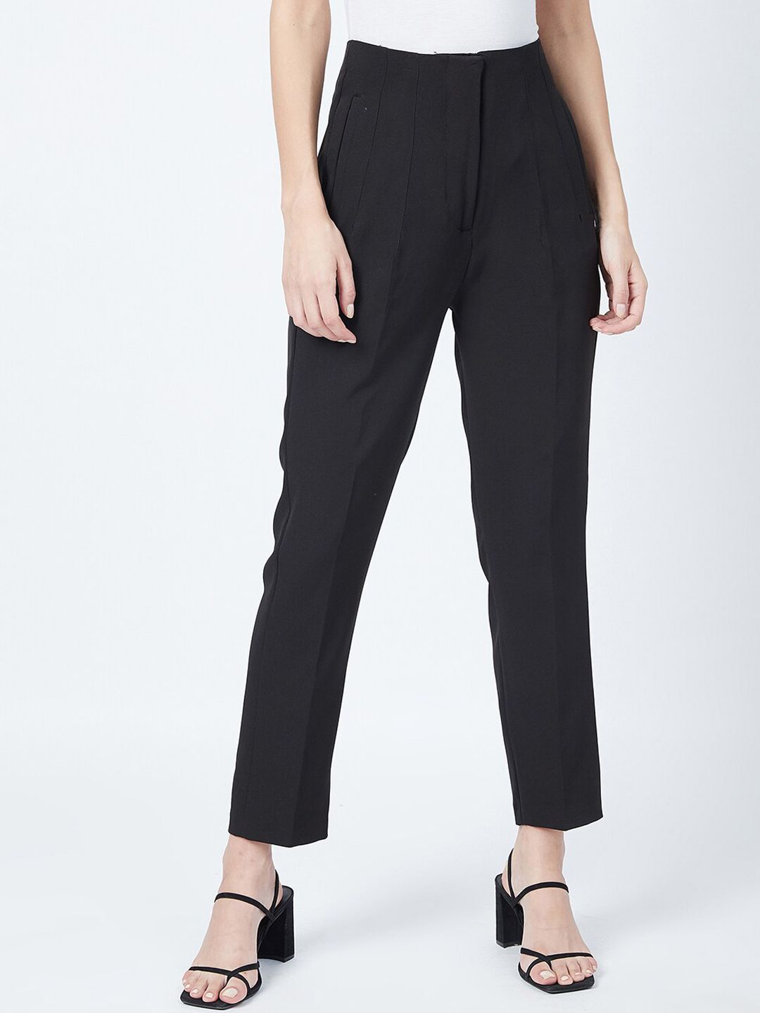 DELAN Women Black Relaxed Slim Fit High-Rise Easy Wash Trousers Price in India