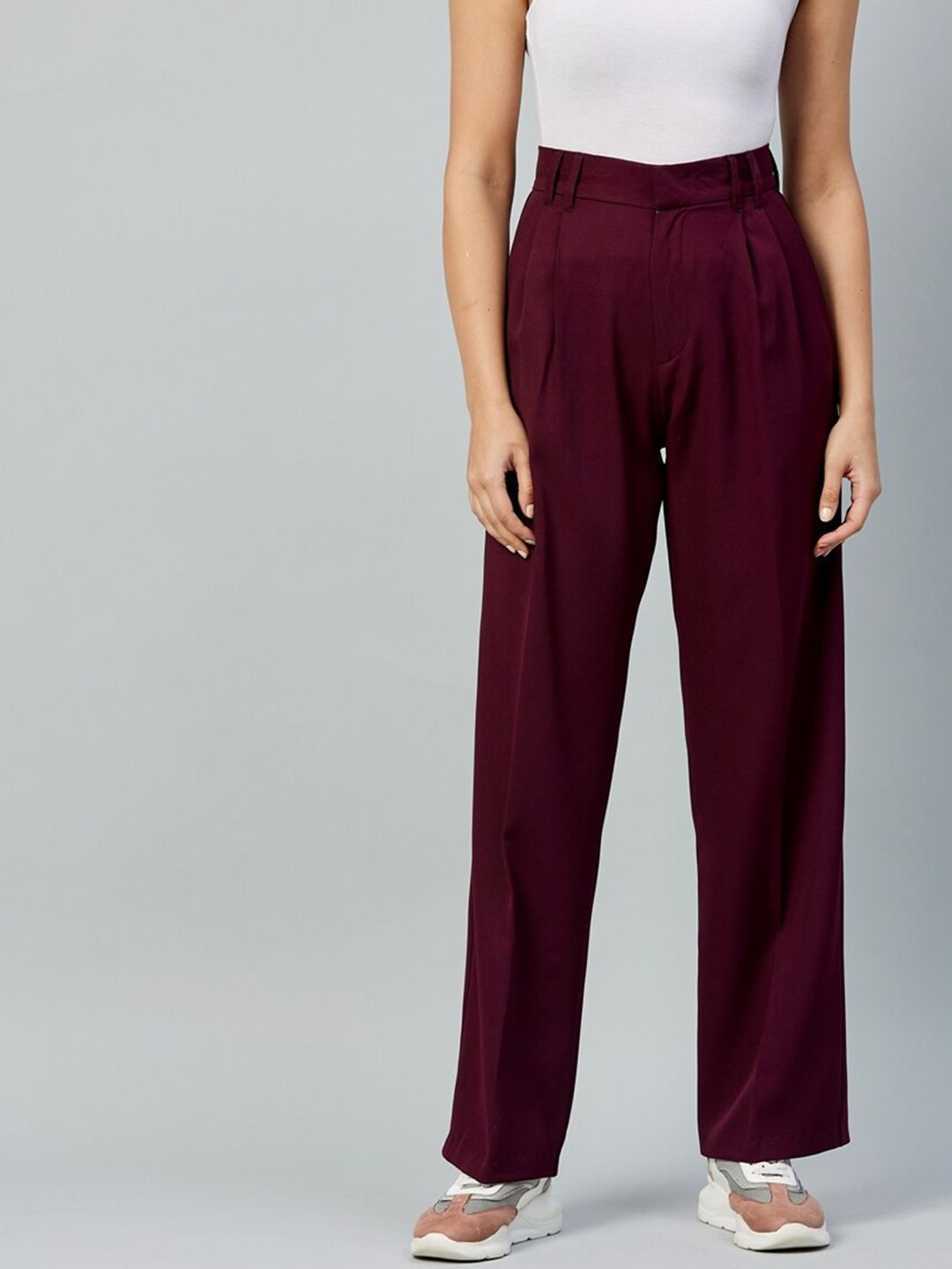DELAN Women Maroon Relaxed Straight Fit High-Rise Easy Wash Pleated Trousers Price in India