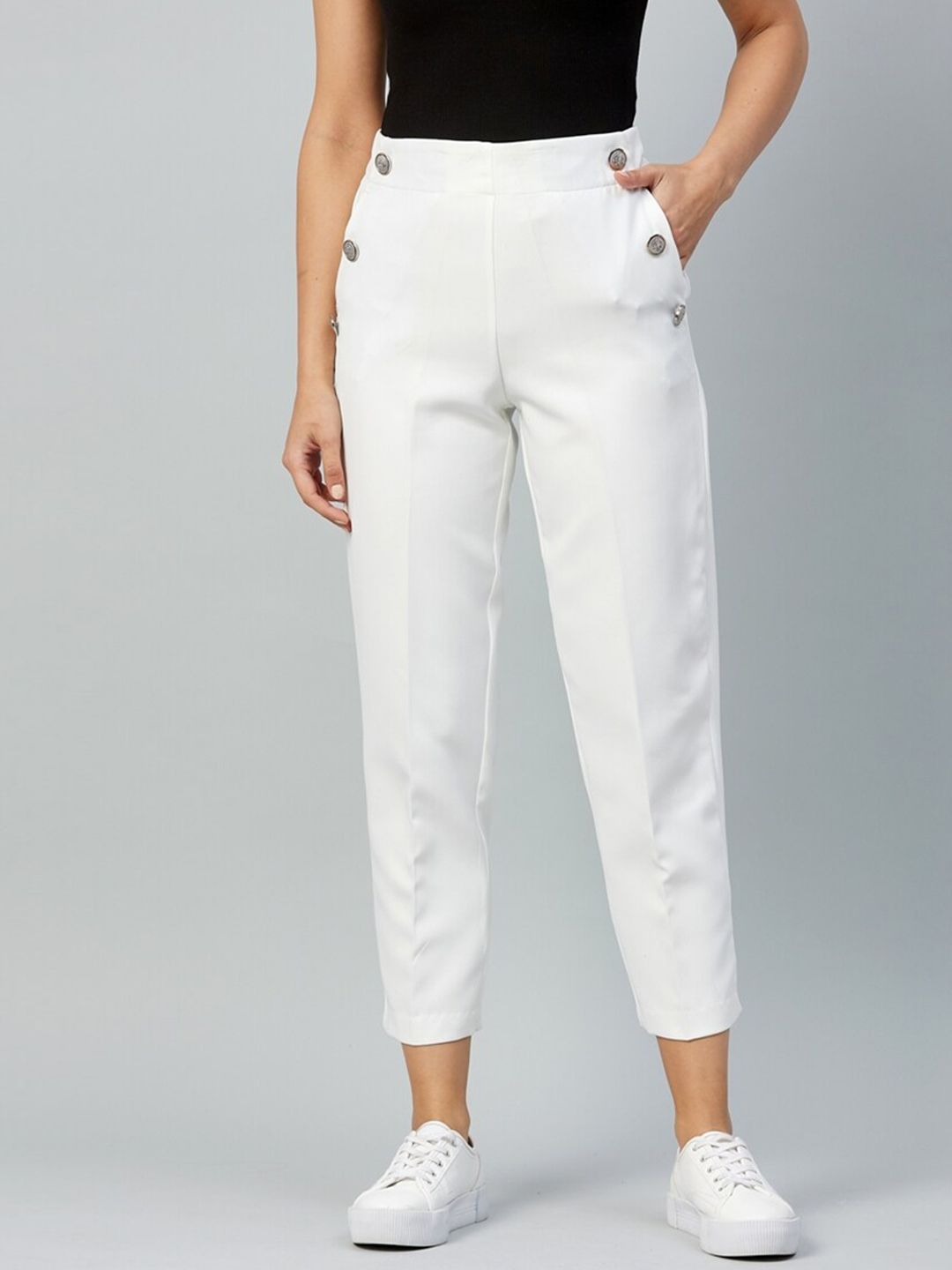 DELAN Women White Slim Fit High-Rise Trousers Price in India