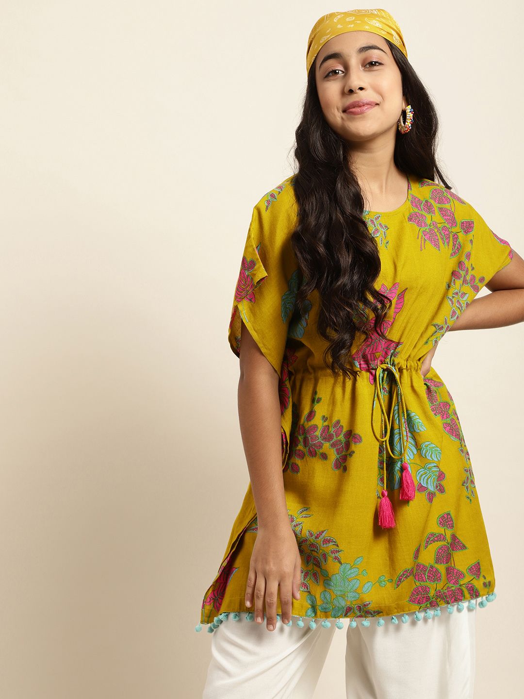 Sangria Mustard Yellow Floral Print Kaftan Top