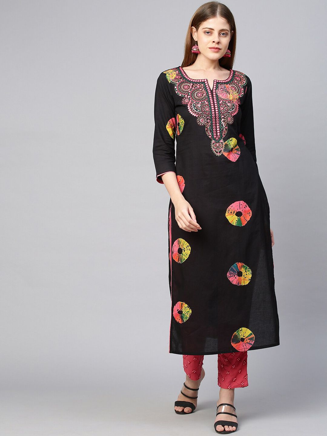 FASHOR Women Black Bandhani Striped Flared Sleeves Gotta Patti Kurta Price in India