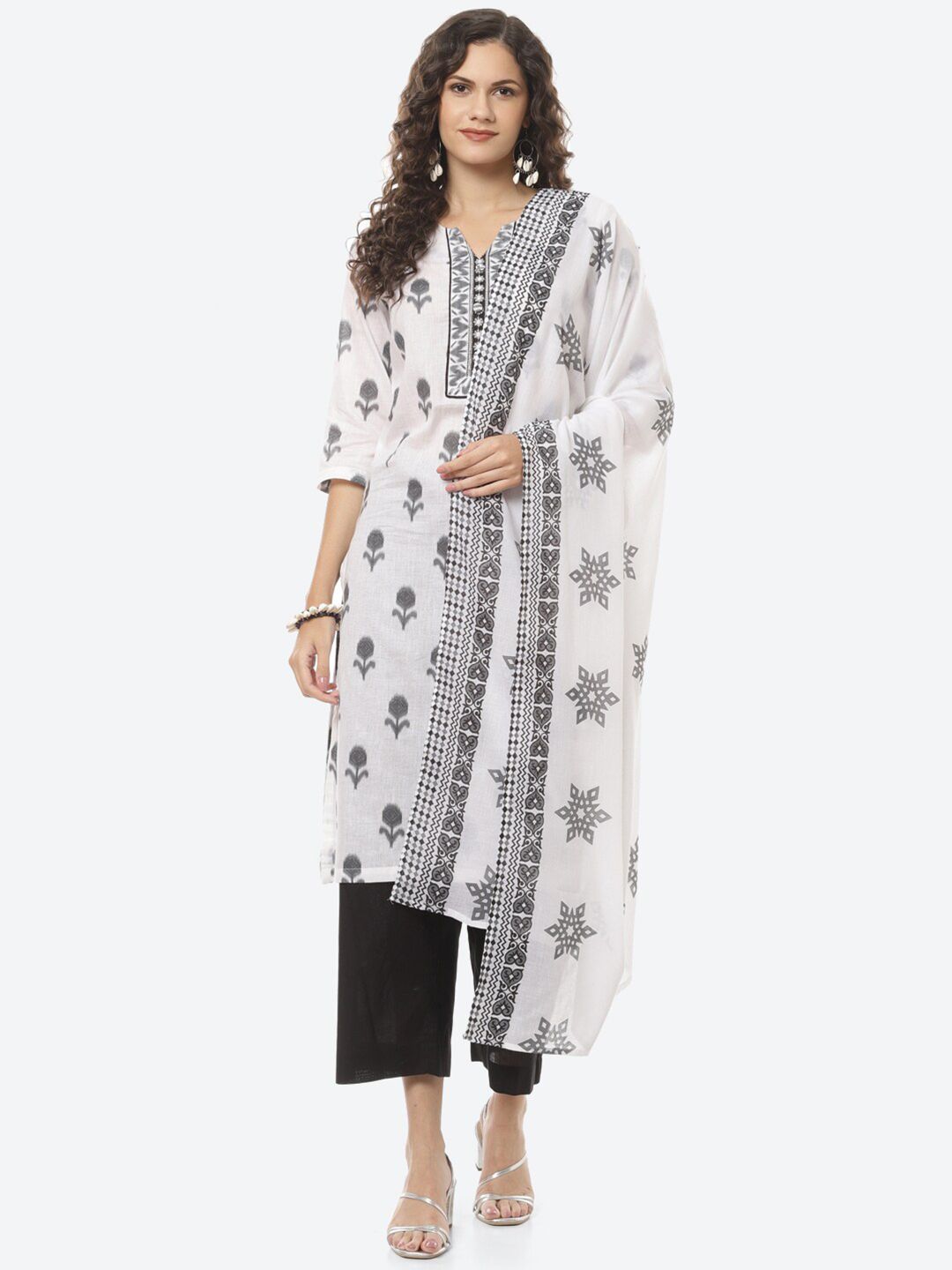 Biba White & Black Printed Pure Cotton Unstitched Dress Material Price in India