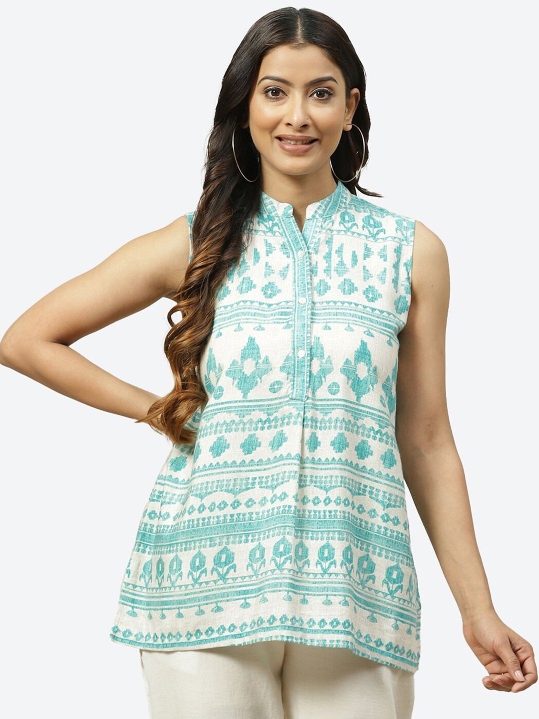 Biba Turquoise Blue Print Mandarin Collar Top