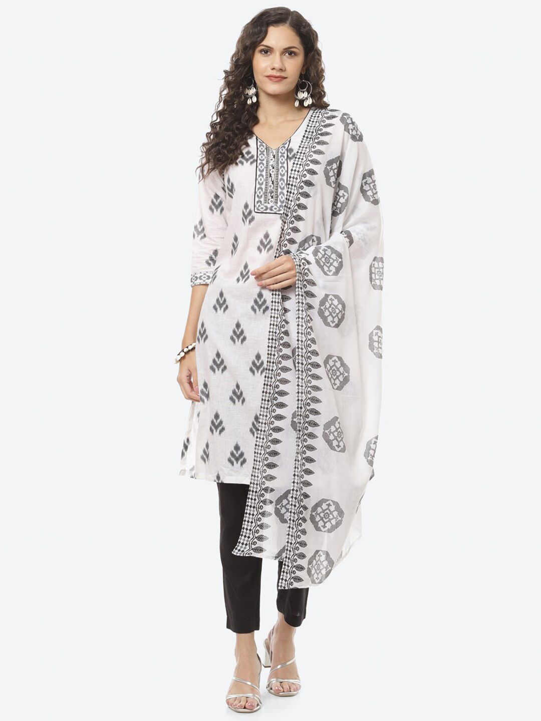 Biba White & Grey Printed Pure Cotton Unstitched Dress Material Price in India