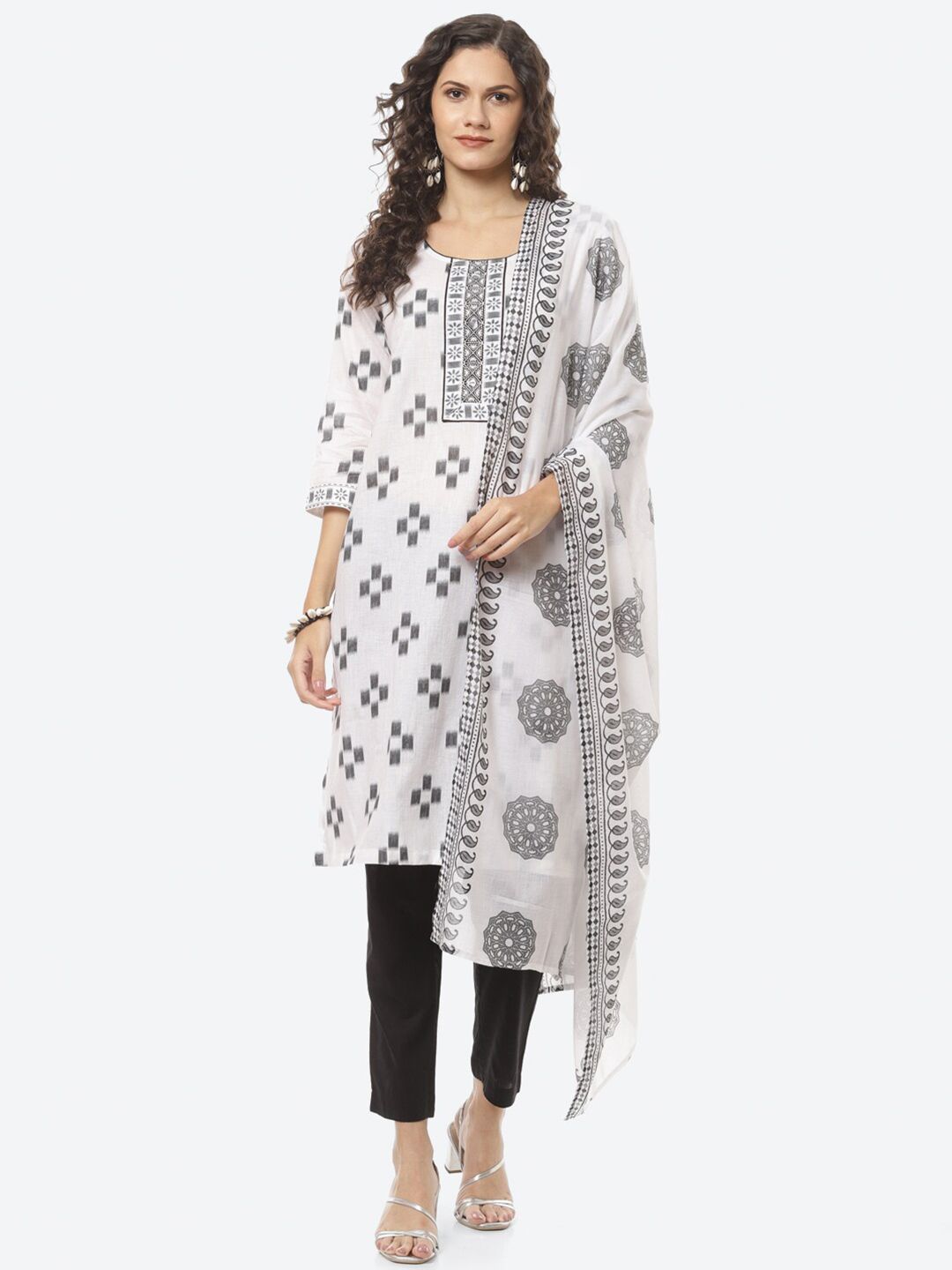 Biba White & Black Printed Pure Cotton Unstitched Dress Material Price in India