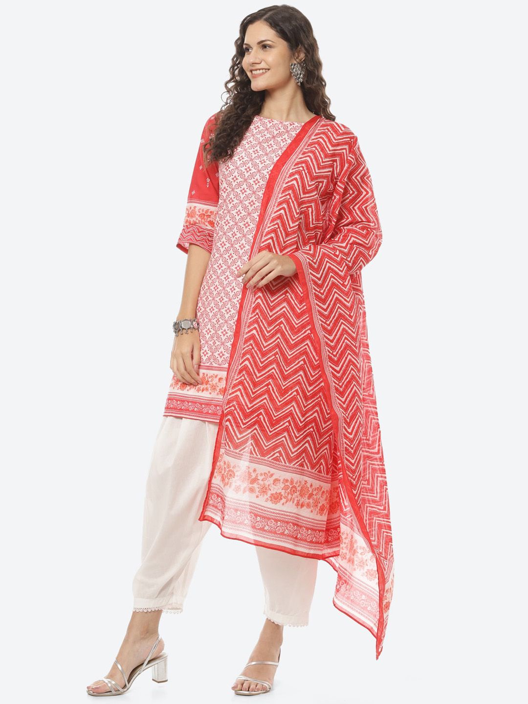 Biba Women Red Ethnic Motifs Printed Pure Cotton Kurta with Trousers & With Dupatta Price in India