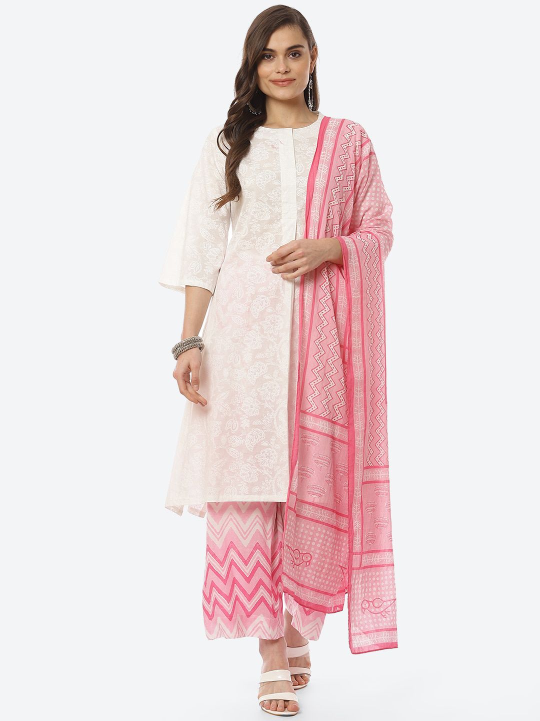 Biba Women White Ethnic Motifs Panelled Pure Cotton Kurta with Salwar & With Dupatta Price in India