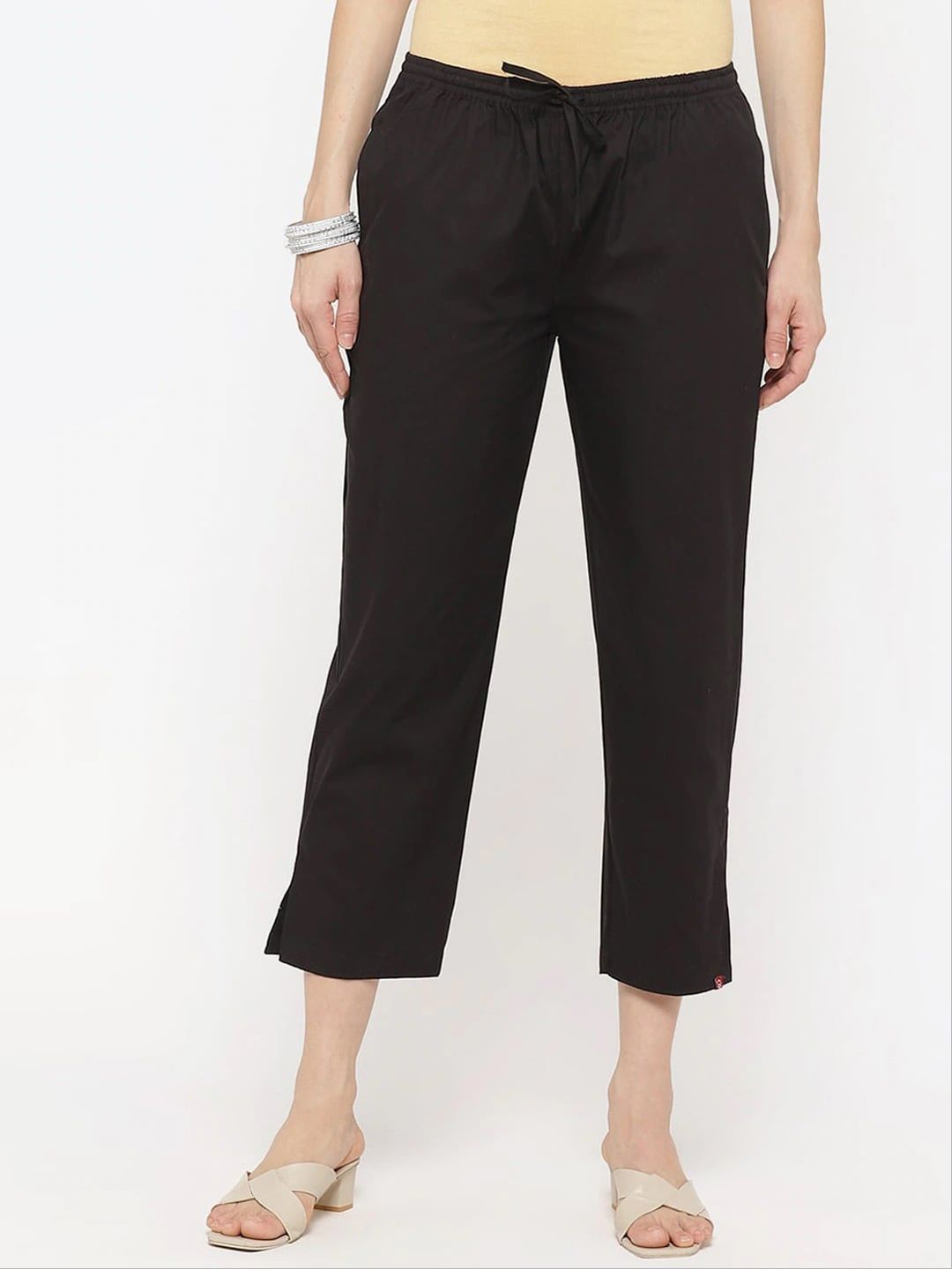 Biba Women Black Straight Fit Cotton Trousers Price in India