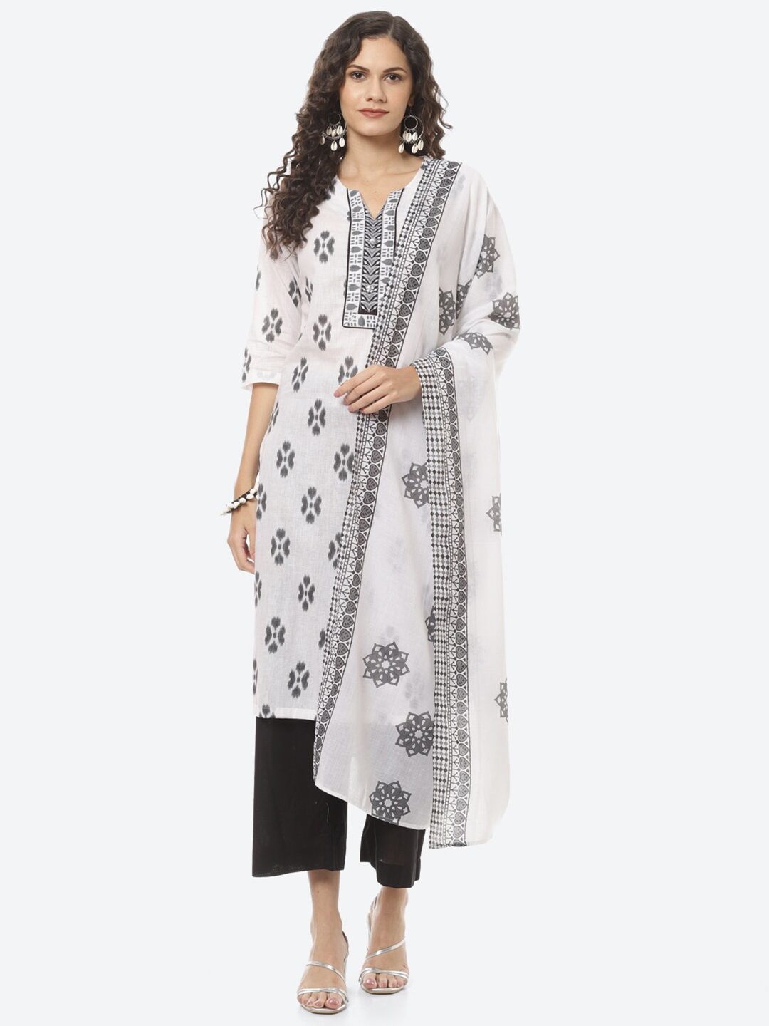 Biba White & Black Printed Pure Cotton Unstitched Dress Material Price in India