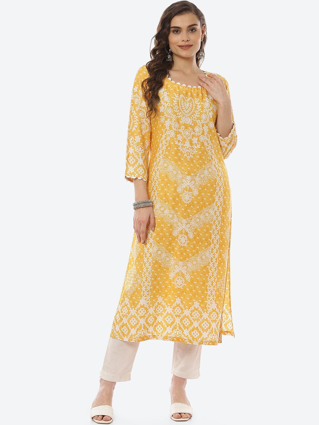 Biba Women Yellow Ethnic Motifs Printed Kurta Price in India