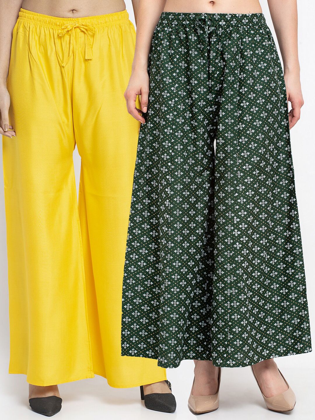 Jinfo Women Yellow & Green Pack of 2 Printed Flared Ethnic Palazzos Price in India