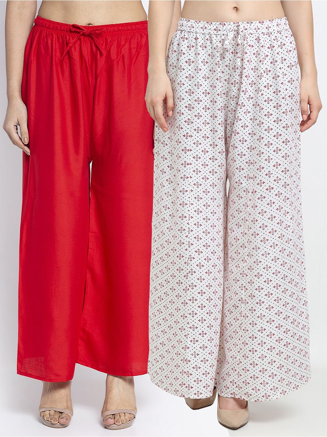 Jinfo Women Set of 2 Red & White Floral Printed Flared Knitted Ethnic Palazzos Price in India