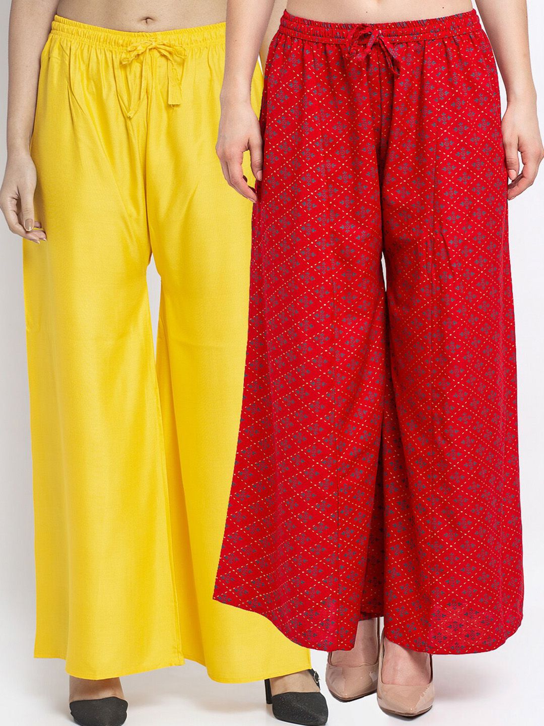 Jinfo Women Yellow & Red 2 Ethnic Motifs Printed Flared Ethnic Palazzos Price in India