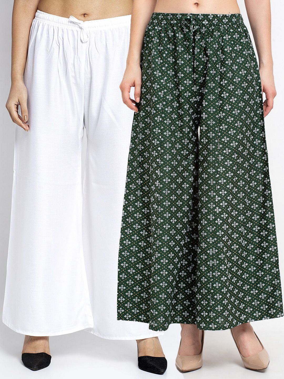 Jinfo Women Set Of 2 White & Green Flared Ethnic Palazzos Price in India