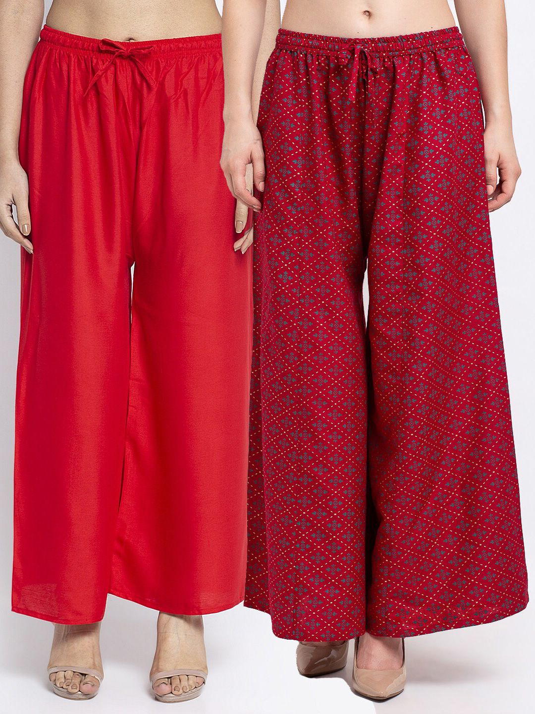 Jinfo Women Set of 2 Red & Maroon Printed Flared Knitted Ethnic Palazzos Price in India