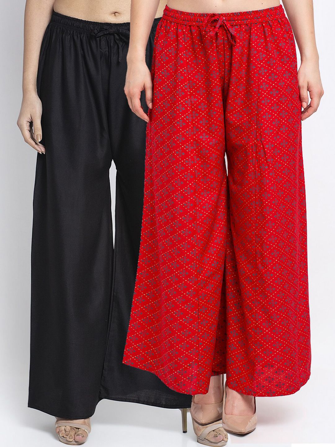 Jinfo Women Black & Red Pack of 2 Printed Flared Ethnic Palazzos Price in India