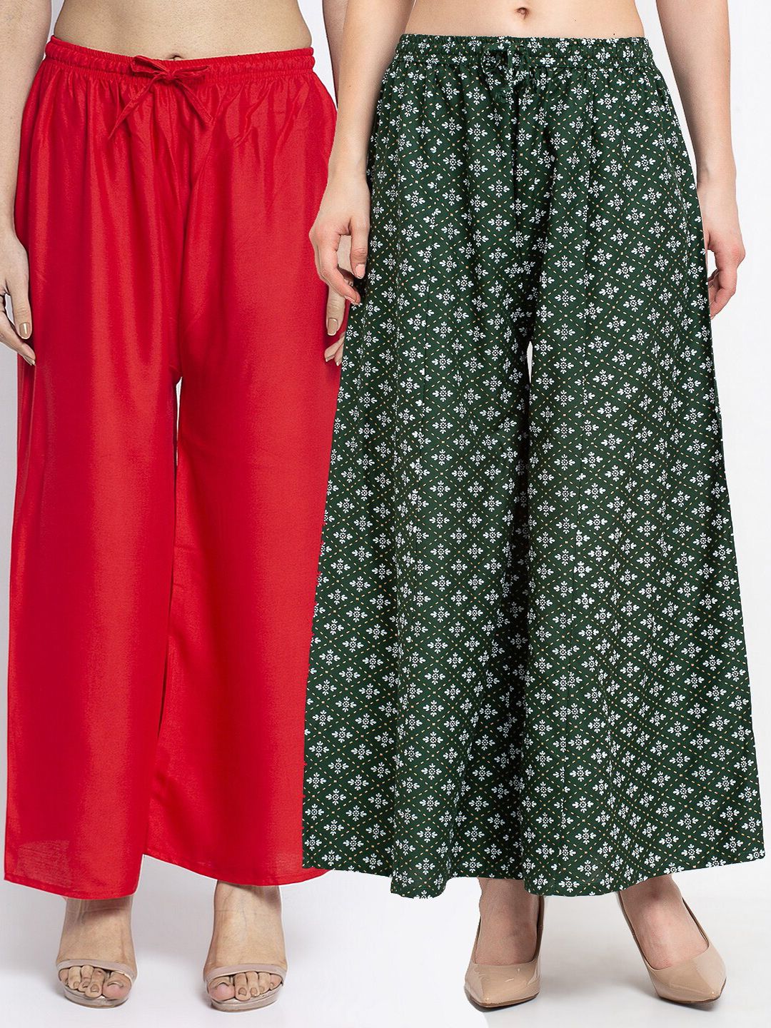 Jinfo Women Set of 2 Red & Green Floral Printed Flared Knitted Ethnic Palazzos Price in India