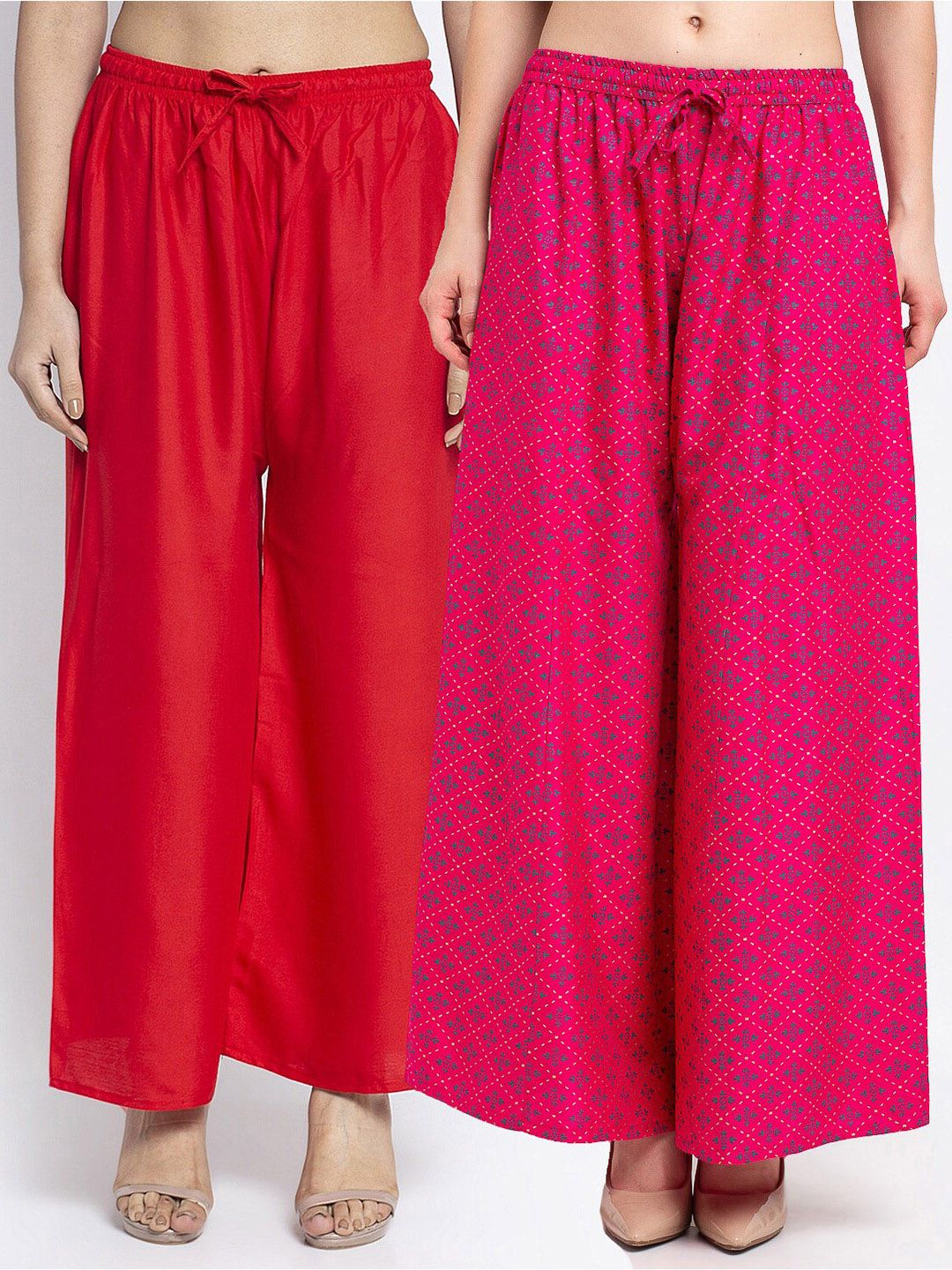 Jinfo Women Red & Fuchsia Pink 2 Flared Knitted Ethnic Palazzos Price in India