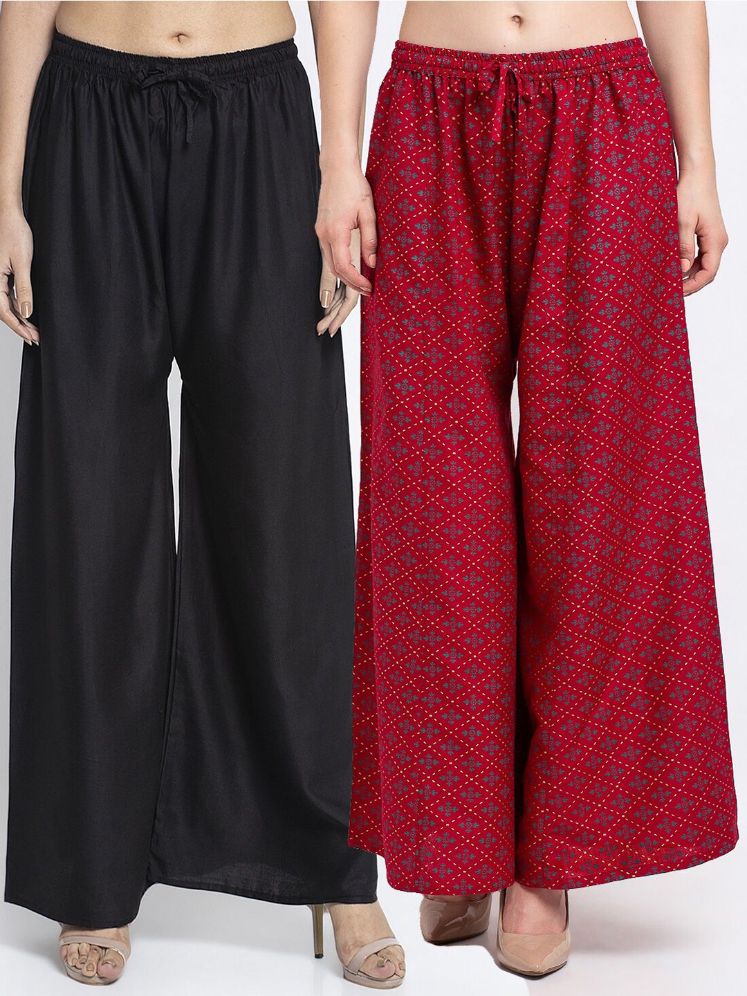 Jinfo Women Pack Of 2 Black & Maroon Printed Ethnic Palazzos Price in India