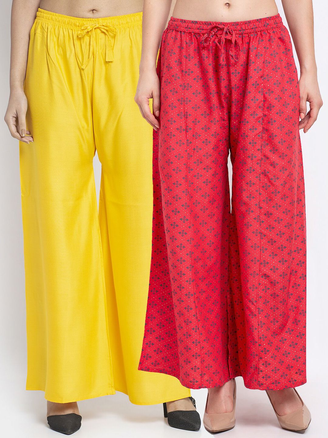 Jinfo Women Yellow & Fuchsia Pack of 2 Printed Flared Ethnic Palazzos Price in India