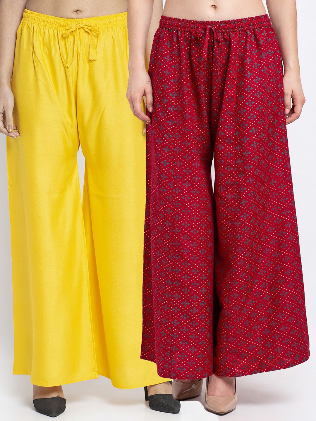 Jinfo Women Yellow & Maroon 2 Flared Knitted Ethnic Palazzos Price in India