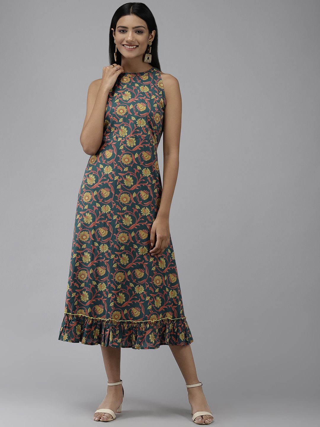 Yufta Teal Floral Ethnic A-Line Midi Dress Price in India