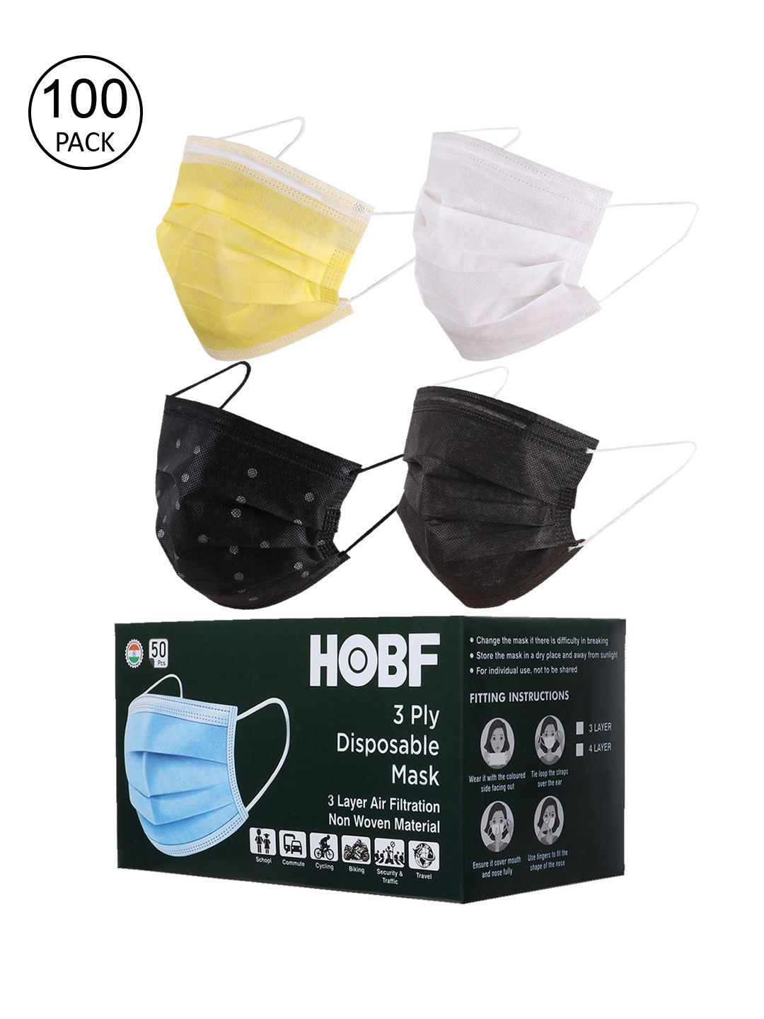 Swiss Design Pack of 100 Assorted 3 Ply Outdoor Masks with Nose Pin Price in India