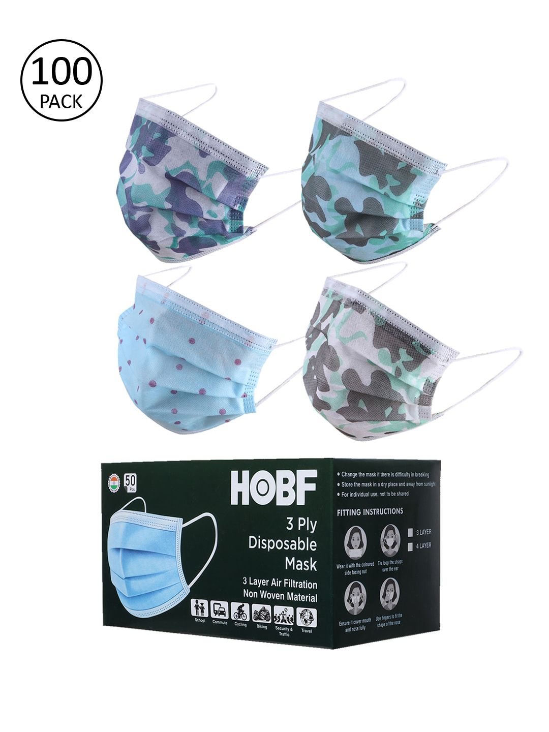 Swiss Design Pack Of 100 Assorted 3 Ply Surgical Masks With Nose-Pin Price in India