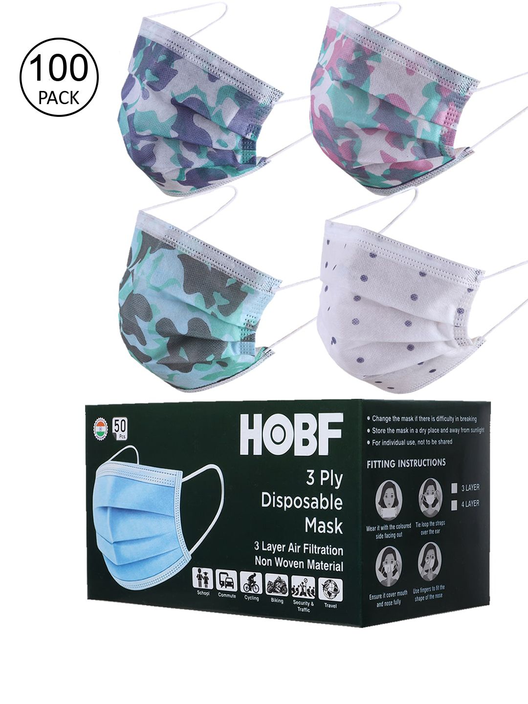 Swiss Design Pack Of 100 Assorted 3-Ply Outdoor Surgical Masks Price in India