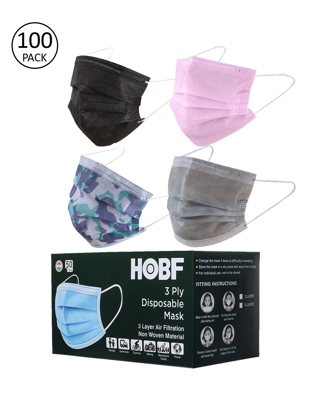 Swiss Design Pack Of 100 Assorted 3-Ply Surgical Masks Price in India