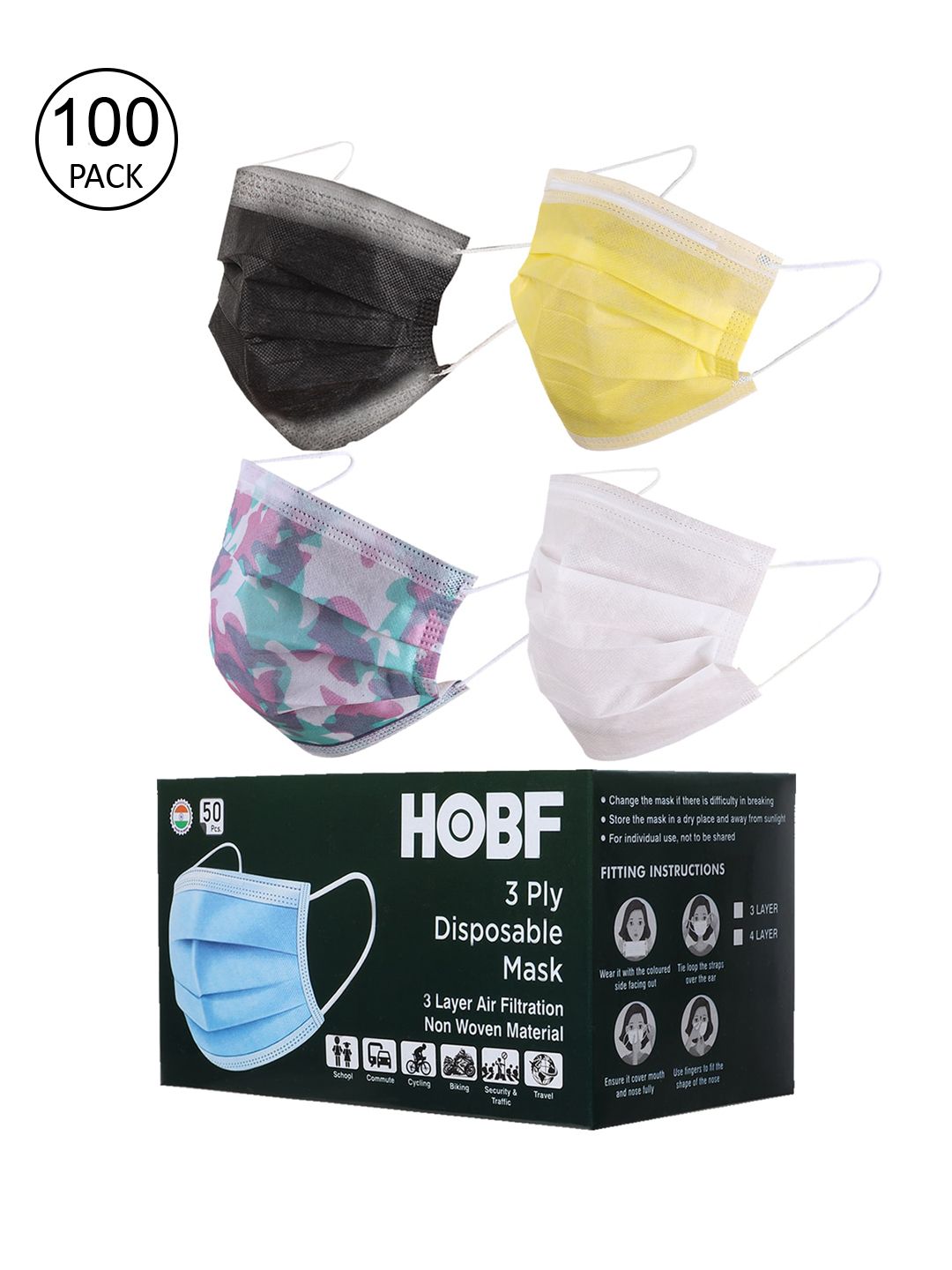 Swiss Design Pack Of 100 Assorted 3-Ply Anti-Pollution Ultrasonic Outdoor Masks Price in India