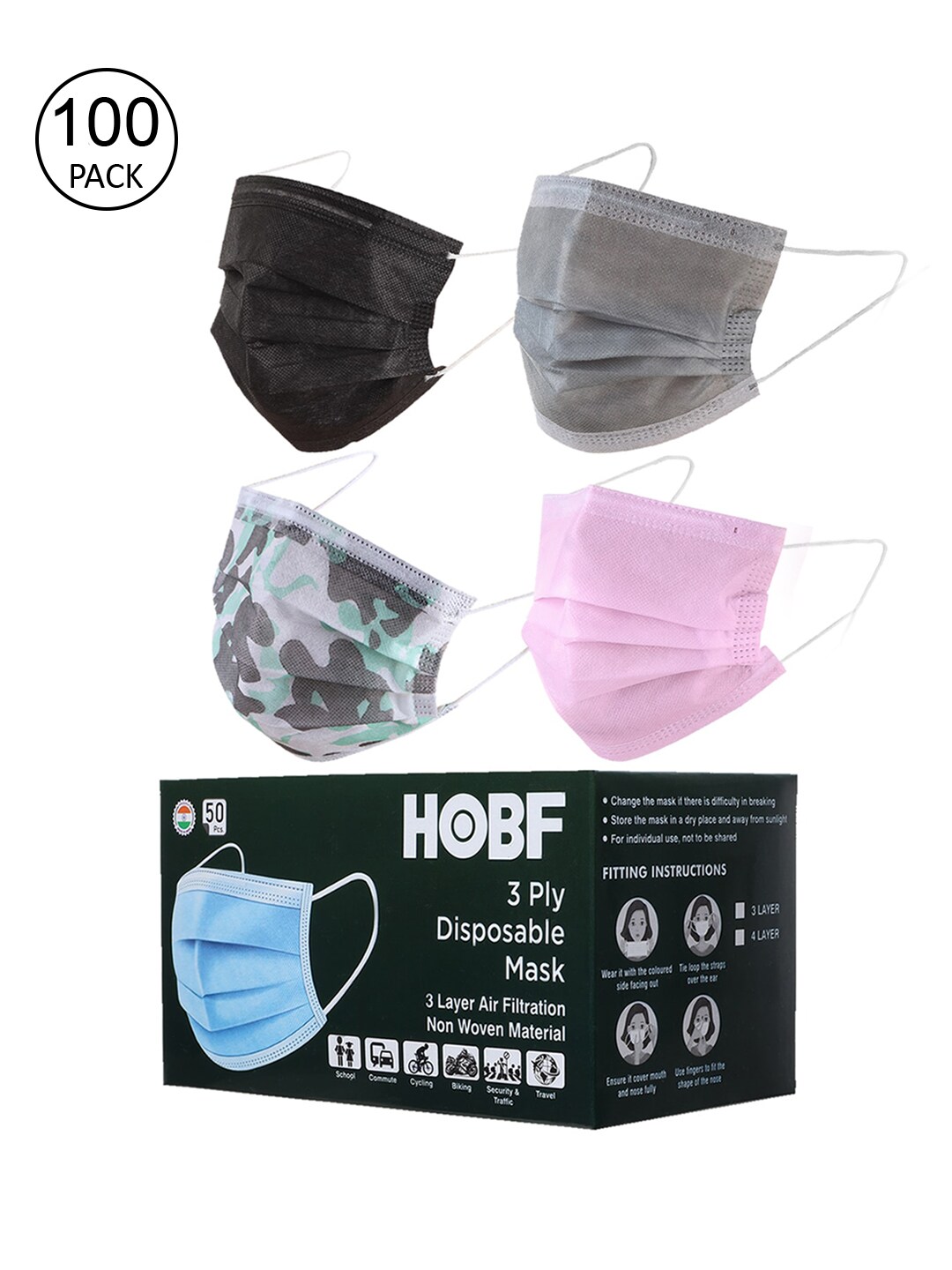 Swiss Design Pack Of 100 Assorted 3-Ply Surgical Masks With Nose-Pin Price in India