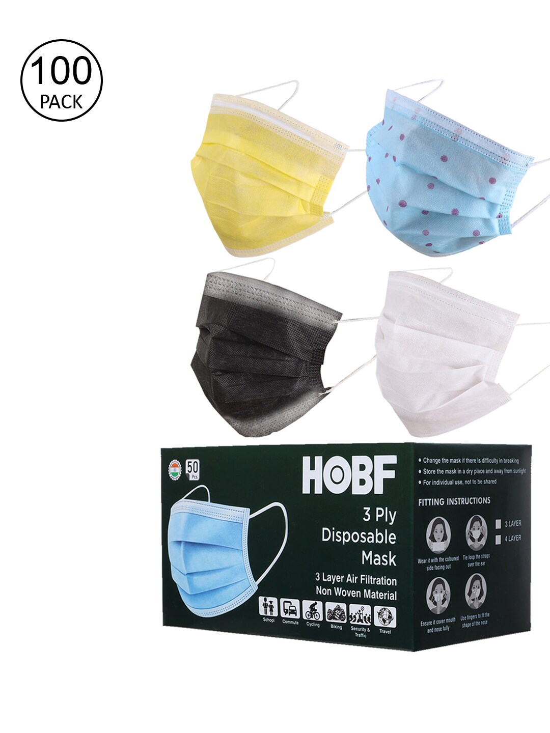 Swiss Design Pack Of 100 Assorted 3-Ply Mask With Nose-Pin Price in India