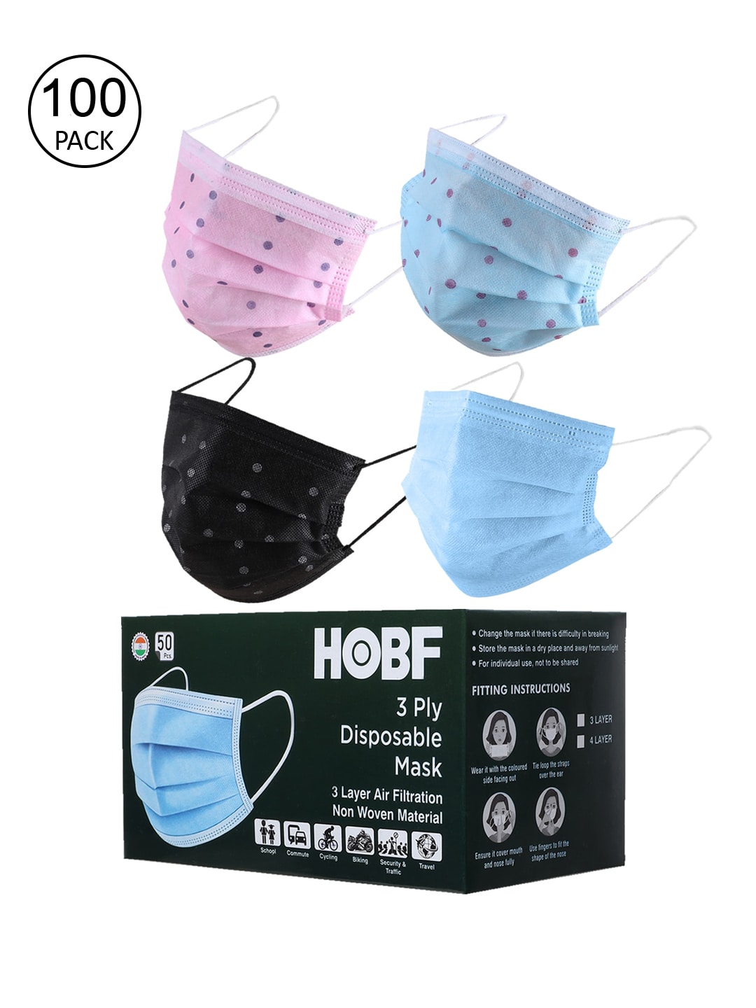 Swiss Design Pack Of 100 Assorted 3-Ply Mask With Nose-Pin Price in India