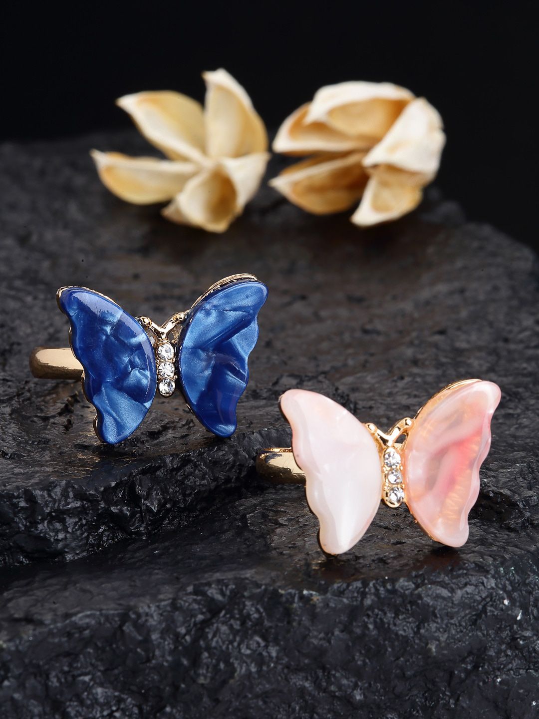 VOGUE PANASH Set Of 2 Gold-Plated Studded Butterfly Rings Price in India