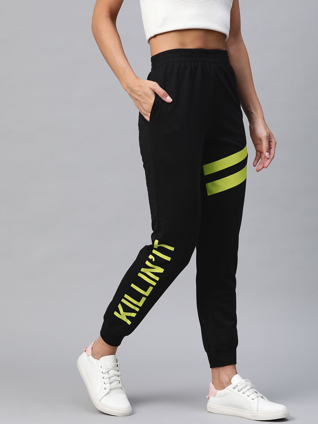 Laabha Women Black & Yellow Typography Printed Joggers Price in India