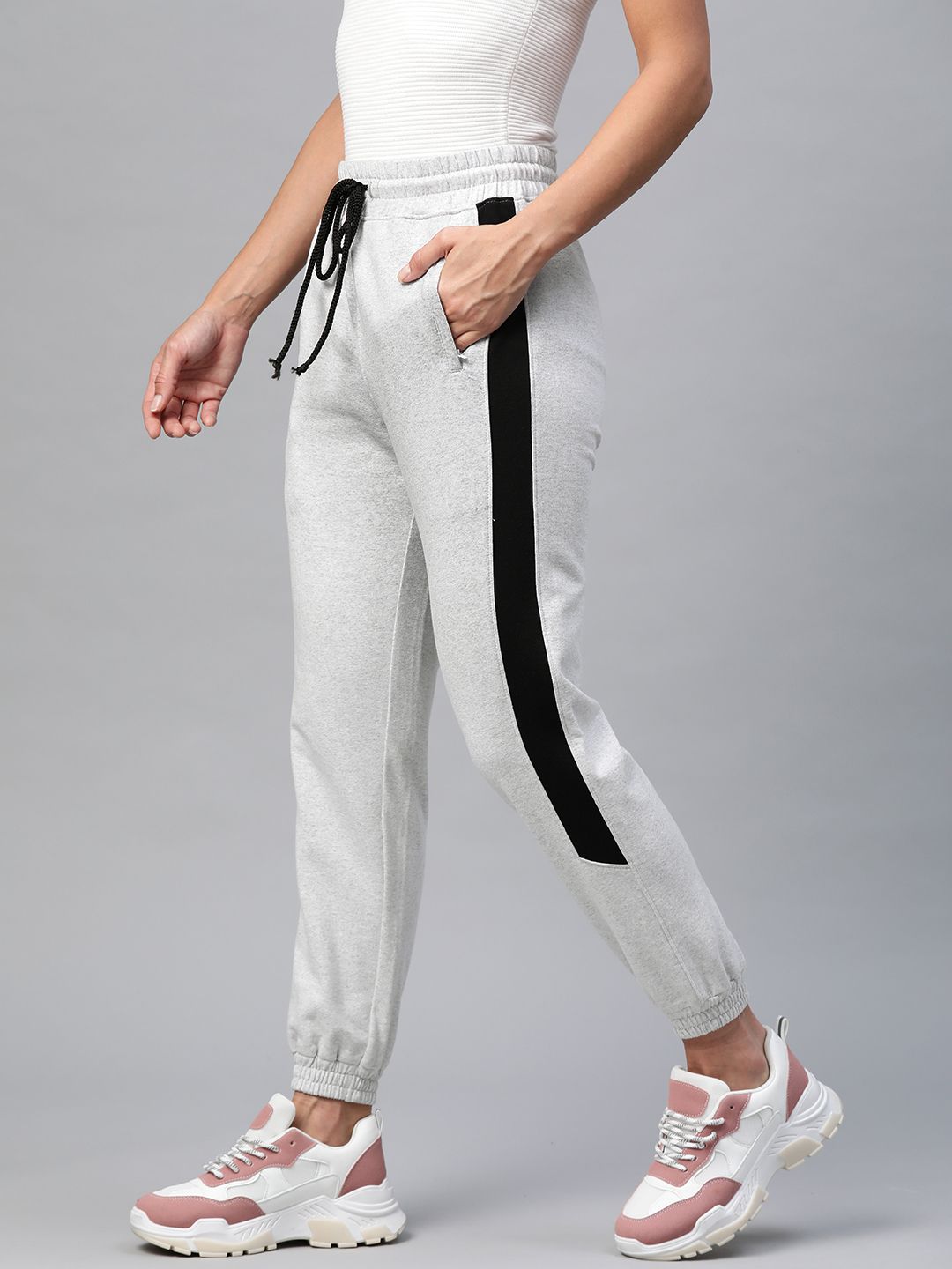 Laabha Women Grey & Black Side Striped Joggers Price in India