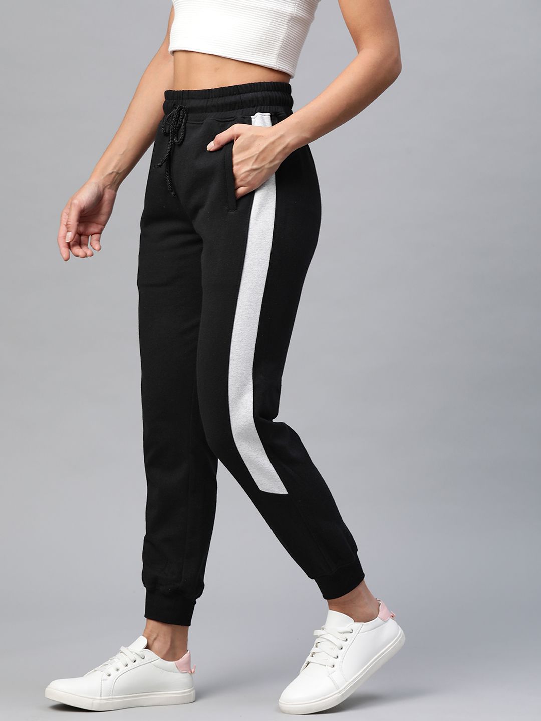 Laabha Women Black & White Side Striped Joggers Price in India