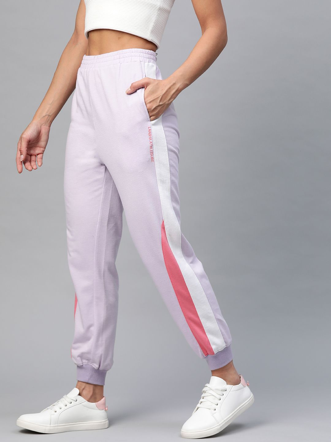 Laabha Women Lavender & White Side Striped Joggers Price in India