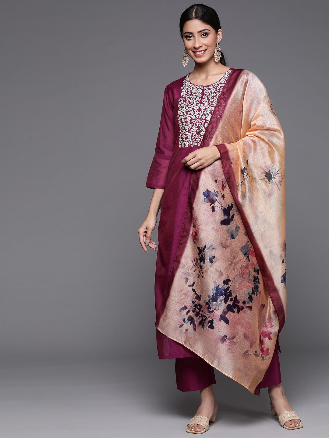 Varanga Women Purple Ethnic Motifs Embroidered Kurta with Trousers & Dupatta Price in India