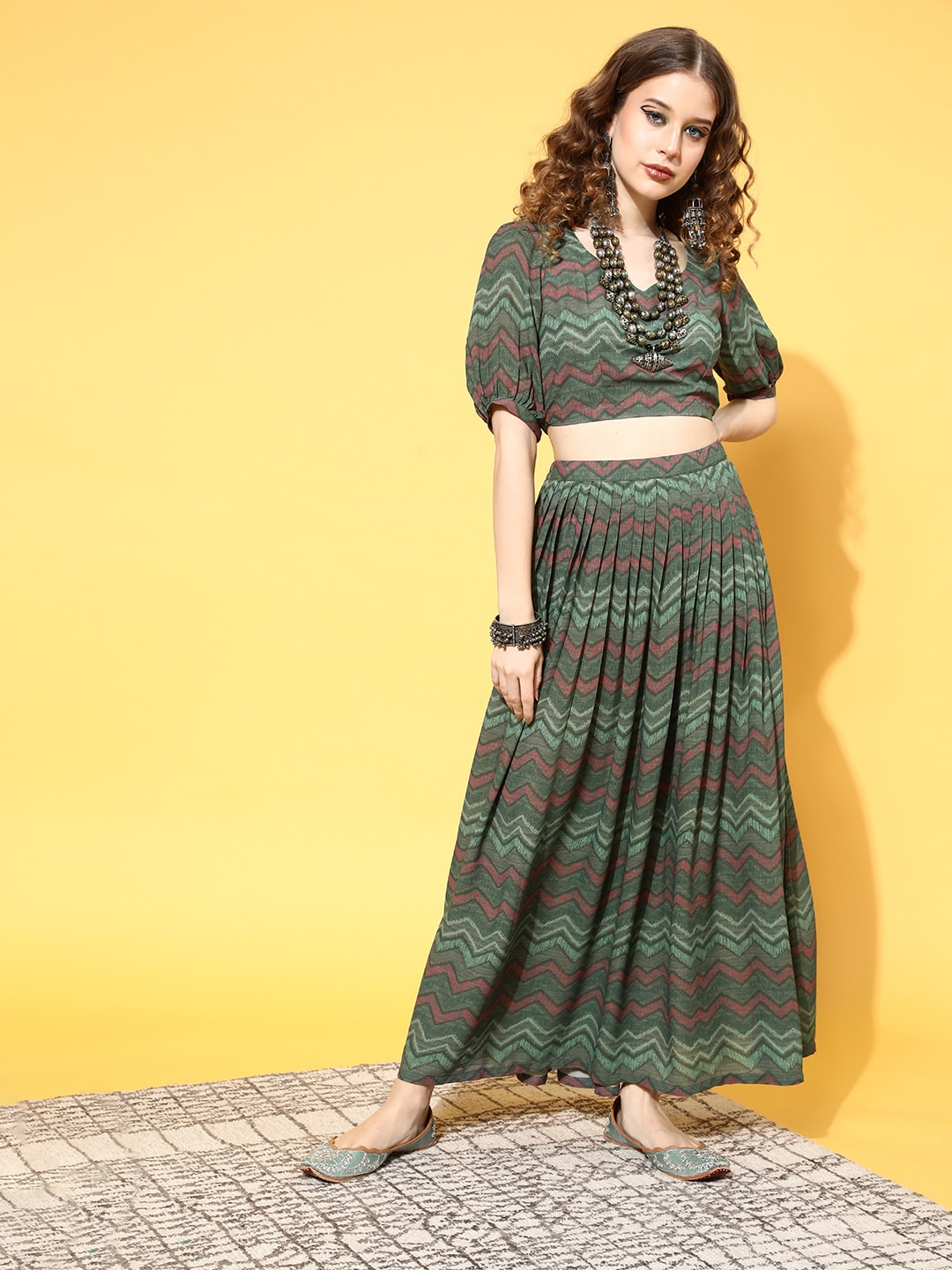 Libas Gorgeous Green & Maroon Printed Ready to Wear Lehenga Choli Price in India