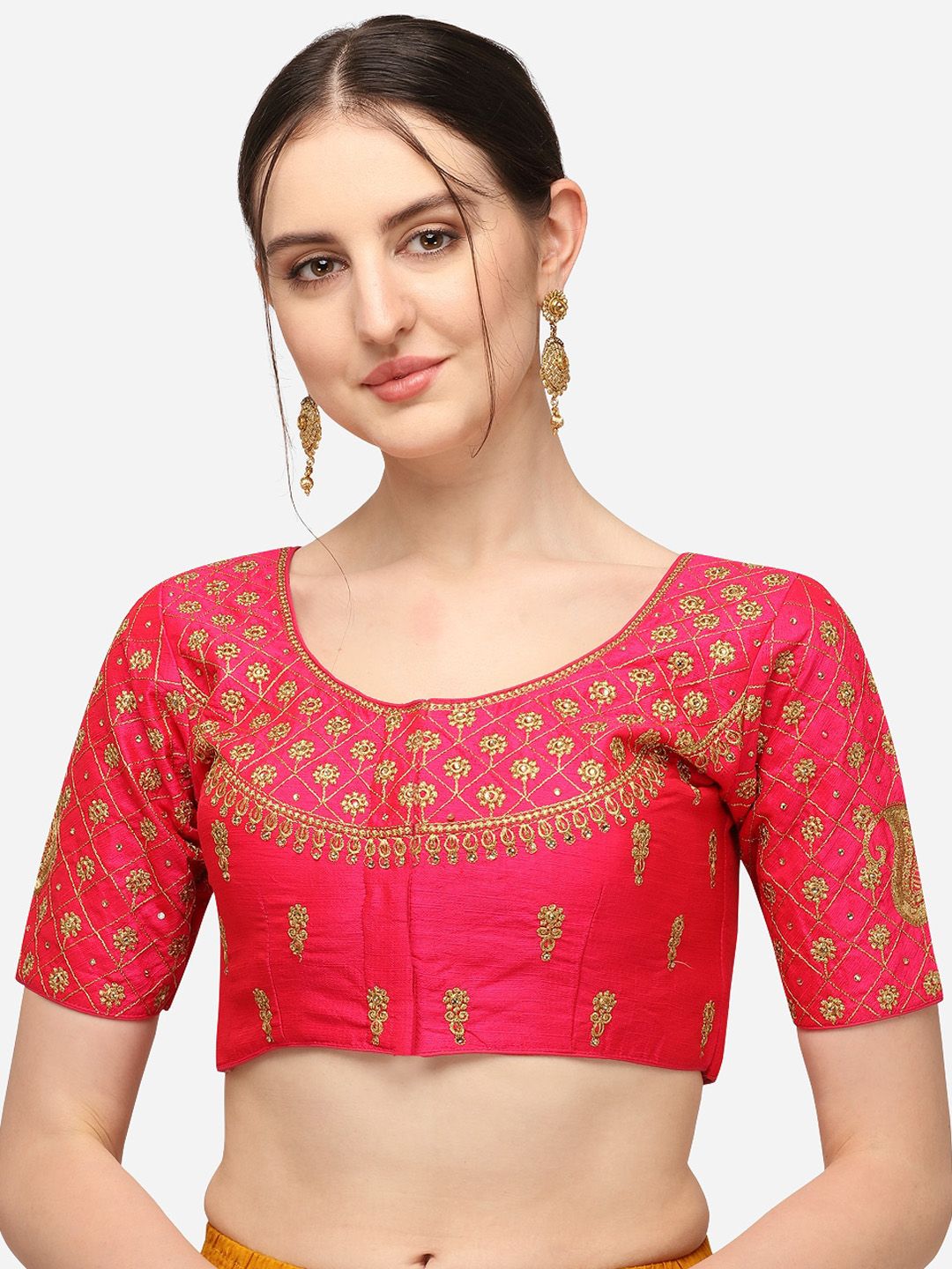 Mesmore Women Pink & Gold-Coloured Embroidered Silk Saree Blouse Price in India
